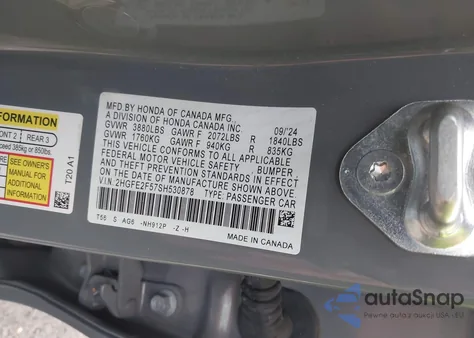 2025 Honda Civic Sport from USA, damaged, VIN 2HGFE2F57SH530878